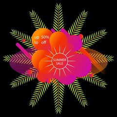 Summer sale modern design palm leaves banner template. Tropical colorful background. Abstract promo badge for seasonal design.