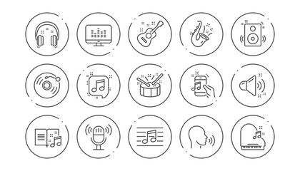 Music line icons. Guitar, Musical note and Headphones. Jazz saxophone linear icon set. Line buttons with icon. Editable stroke. Vector