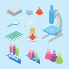 set collection of laboratory science tools with isometric or isometry 3d style image modern flat style blue background color - vector