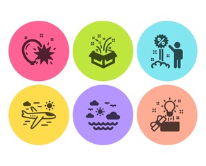 Balloon dart, Travel sea and Discount icons simple set. Airplane travel, Gift and Creative idea signs. Attraction park, Summer holidays. Holidays set. Flat balloon dart icon. Circle button. Vector