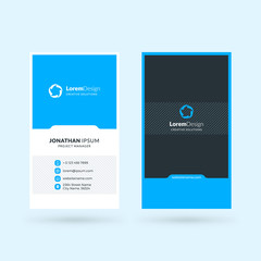 Vertical double-sided black and blue modern business card template. Vector illustration. Stationery design