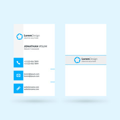 Vertical double-sided black and blue modern business card template. Vector illustration. Stationery design
