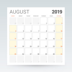 Calendar planner for August 2019. Stationery design template. Vector illustration