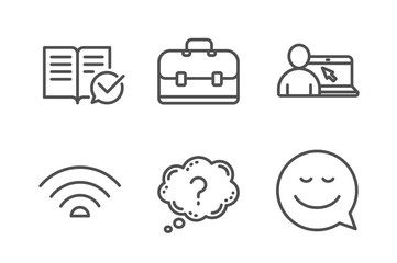Online education, Question mark and Wifi icons simple set. Portfolio, Approved documentation and Smile signs. Internet lectures, Quiz chat. Technology set. Line online education icon. Editable stroke