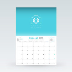 Calendar planner for August 2019. Stationery design template. Vector illustration