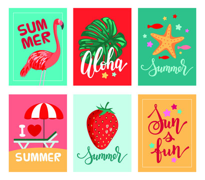 Summer templates vector set. Typography, calligraphy, hand lettering. Vacation signs. Visiting card, banner, cover. Season clip art chaise lounge, tropical leaf, flamingo, starfish, sun and fun theme.