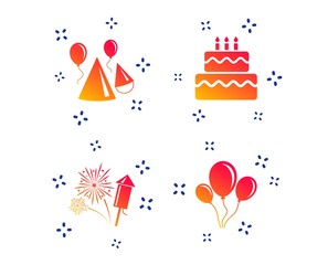 Fototapeta na wymiar Birthday party icons. Cake, balloon, hat and muffin signs. Fireworks with rocket symbol. Double decker with candle. Random dynamic shapes. Gradient party icon. Vector