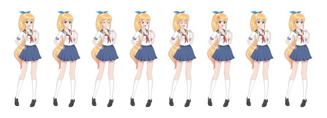 Anime manga schoolgirl in sailor suit, blue skirt