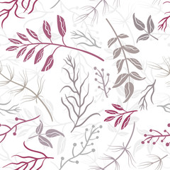 Hand drawn branch elements seamless pattern, cute sketch floral background in purple, violet brown, great for fashion fabric, summer textile, backdrops, banner, wallpapers, cosmetic cards, invitations
