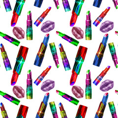 textured lips and lipstick colored seamless pattern on white background for use in design, fabric, textile, wrapping paper