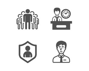 Obraz na płótnie Canvas Set of Group, Presentation time and Security icons. Businessman person sign. Managers, Report, Private protection. Male user. Classic design group icon. Flat design. Vector