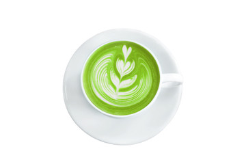 aerial view of matcha green latte cup isolated on white background with clipping path