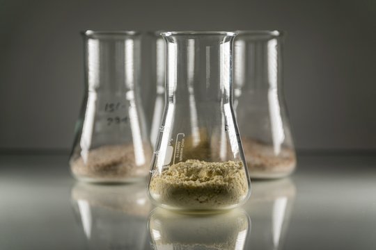 Closeup of glass chemistry flasks with brown chemical powder in them