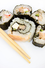 Japanese cuisine, rice sushi and fish - closeup