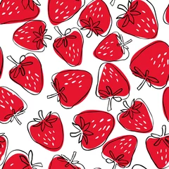 Stickers pour porte Rouge Modèle sans couture de fraises abstraites dessinées à la main sur fond blanc. Illustration de fruits.