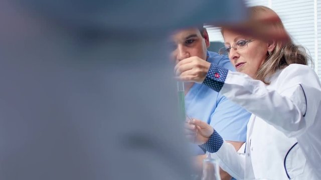 Scientist talking about bio samples with an intern in modern laboratory