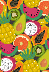 Vector seamless pattern with different tropical exotic fruits and brries in flat simple style.