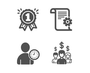 Set of Reward, Time management and Technical documentation icons. Salary employees sign. First place, User with clock, Manual. People earnings.  Classic design reward icon. Flat design. Vector