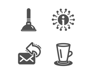 Set of Plunger, Info and Share mail icons. Teacup sign. Clogged pipes cleaner, Information, New e-mail. Tea or latte.  Classic design plunger icon. Flat design. Vector