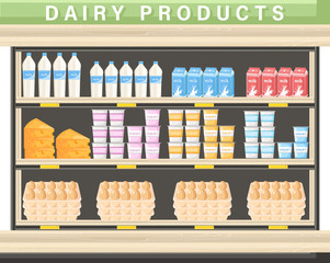 Farm fresh dairy Vector shopping stands. Milk, yogurt, cheese and eggs illustration