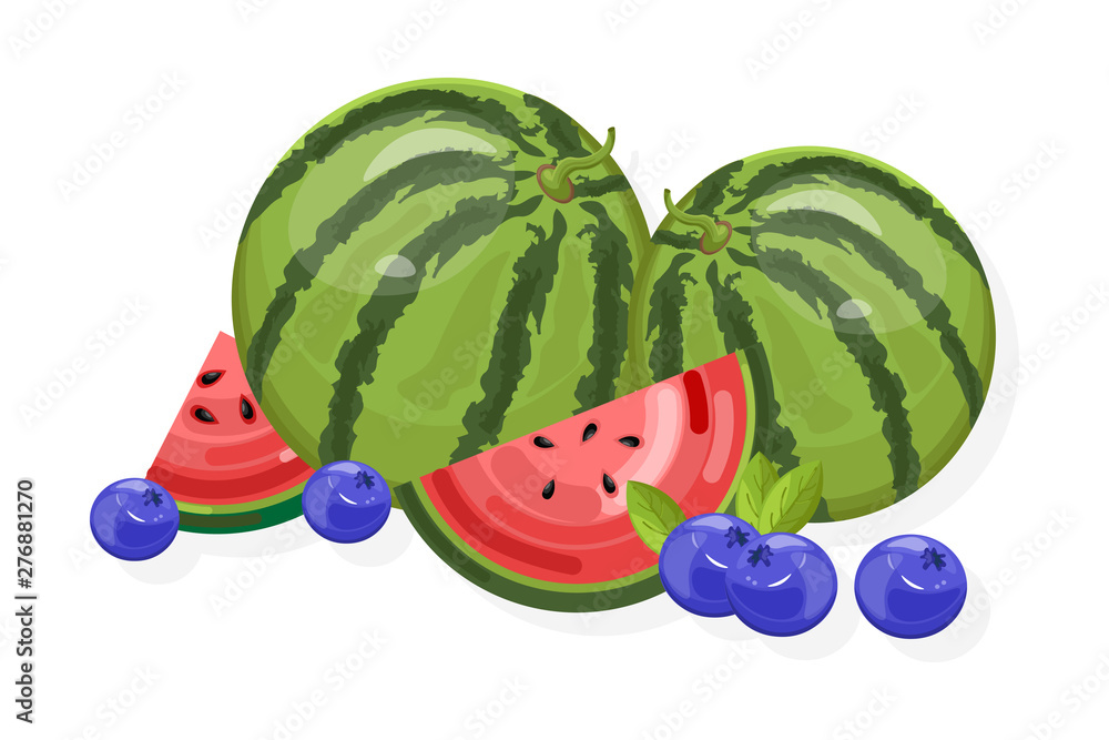 Wall mural fresh fruits vector banner. watermelon and berries isolated