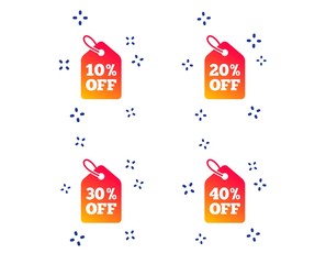 Sale price tag icons. Discount special offer symbols. 10%, 20%, 30% and 40% percent off signs. Random dynamic shapes. Gradient sale icon. Vector