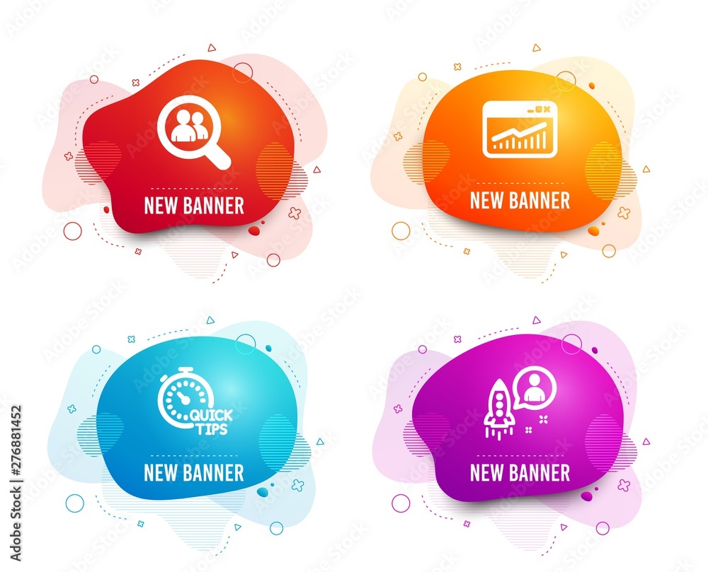 Poster liquid badges. set of website statistics, quick tips and search employees icons. startup sign. data 