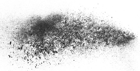 Black charcoal dust, gunpowder isolated on white background and texture, top view