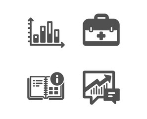 Set of First aid, Instruction info and Diagram graph icons. Accounting sign. Medicine case, Project, Presentation chart. Supply and demand.  Classic design first aid icon. Flat design. Vector