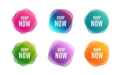 Blur shapes. Shop now symbol. Special offer sign. Retail Advertising. Color gradient sale banners. Market tags. Vector