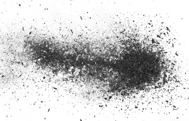 Black charcoal dust, gunpowder isolated on white background and texture, top view