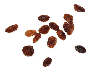 Pile of raisins isolated on white background, top view