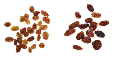 Pile of raisins isolated on white background, top view