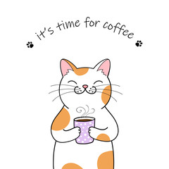 Cute cartoon cat holding a cup of coffee. Hand drawn illustration