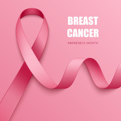 Realistic pink ribbon. Symbol of breast cancer awareness