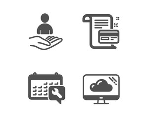Set of Recruitment, Spanner and Payment card icons. Cloud storage sign. Hr, Repair service, Agreement conditions. Computer.  Classic design recruitment icon. Flat design. Vector