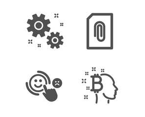 Set of Work, Customer satisfaction and Attachment icons. Bitcoin think sign. Settings, Happy smile, Attach document. Cryptocurrency head.  Classic design work icon. Flat design. Vector