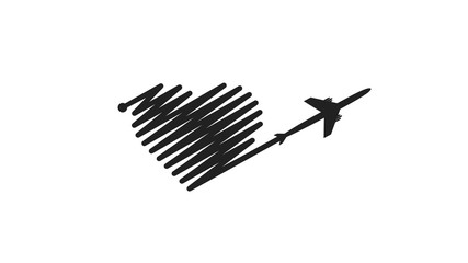 Fototapeta premium Plane and its track in the shape of a heart on white background. Vector illustration. Aircraft flight path and its route