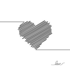 Hand painted black heart, one line. Hand drawing of heart doodle by crayon . Use for background