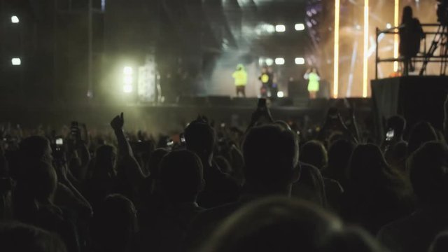 Crowd of fans cheering at open-air music festival