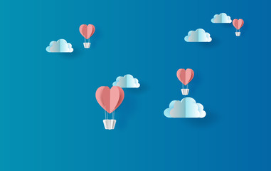 illustration of red balloons heart floating with skyscape view scene place for your love text space blue background.Valentine's day concept.Summer.Paper cut and craft style vector for greeting card