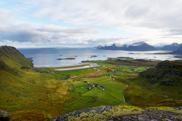 Beautiful beach and coast near Fredvang on Lofoten Islands in Norway	