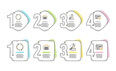 Innovation, Refresh and Parking garage icons simple set. Web settings sign. Crowdfunding, Rotation, Car place. Engineering tool. Technology set. Infographic timeline. Line innovation icon. Vector