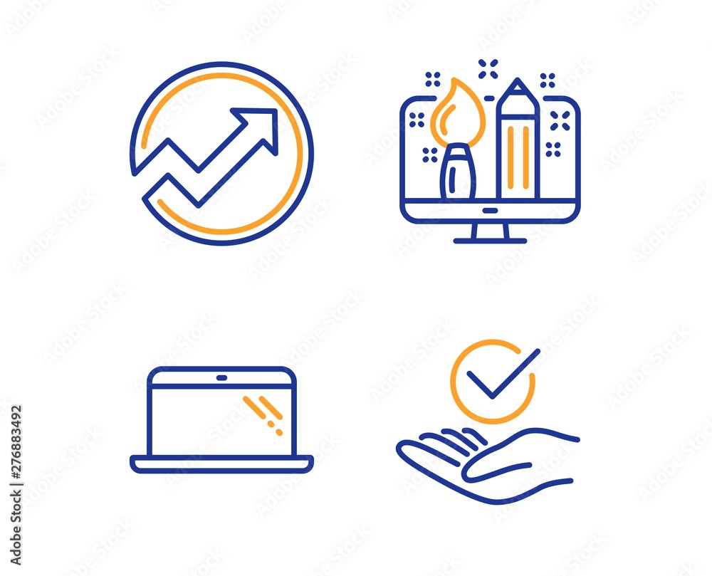 Poster audit, creative design and laptop icons simple set. approved sign. arrow graph, designer, computer. 