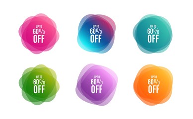 Blur shapes. Up to 60% off Sale. Discount offer price sign. Special offer symbol. Save 60 percentages. Color gradient sale banners. Market tags. Vector