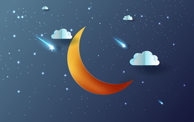 Naklejka na ściany i meble moon and star with Mystical Night sky fantasy background.Dark Cloudscape and stars fall in rain season.Moonlight at night.Creative design paper cut and art .thunderstorm midnight.Vector .illustration.