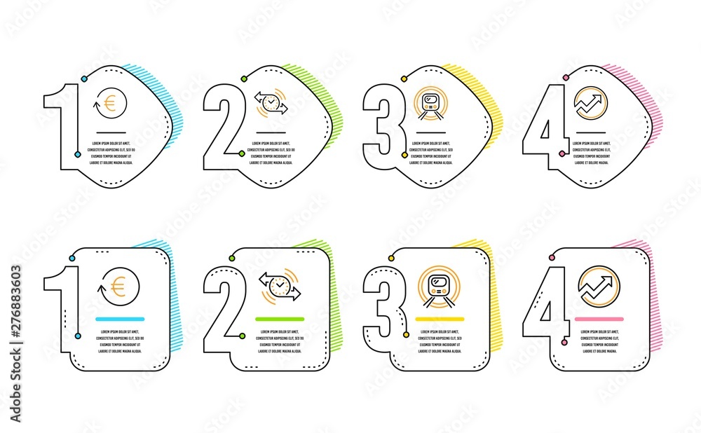 Poster timer, exchange currency and metro subway icons simple set. audit sign. stopwatch, reshresh exchange