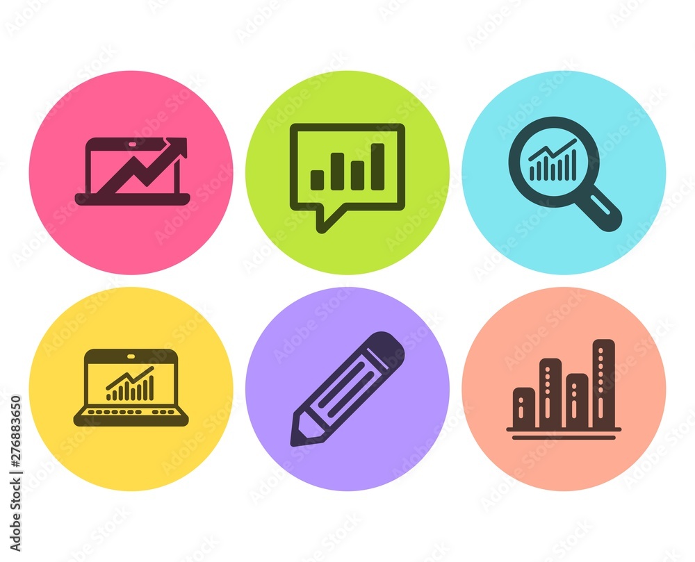 Poster pencil, analytical chat and data analysis icons simple set. online statistics, sales diagram and gra