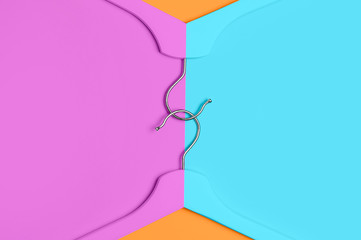 Creative fashion concept. Flat lay top view colored wooden hangers on blue pink orange neon background minimalism style pop-art. Sale discount store shopping concept design empty hanger feminine blog