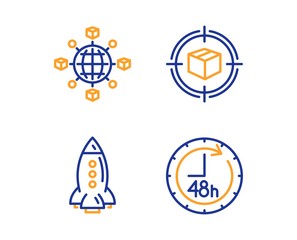 Rocket, Logistics network and Parcel tracking icons simple set. 48 hours sign. Spaceship, International tracking, Box in target. Delivery service. Transportation set. Linear rocket icon. Vector